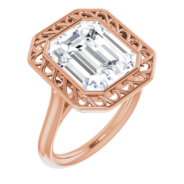 10K Rose Gold Customizable Cathedral-Bezel Style Emerald/Radiant Cut Solitaire with Flowery Filigree