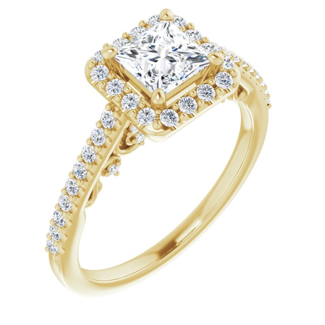 10K Yellow Gold Customizable Cathedral-Halo Princess/Square Cut Design with Carved Metal Accent plus Pavé Band