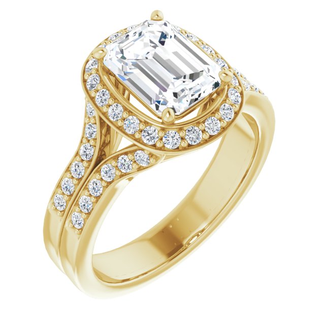 Cubic Zirconia Engagement Ring- The Ginny Lynn (Customizable Emerald Cut Halo Style with Accented Split-Band)