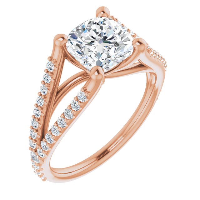 10K Rose Gold Customizable Cathedral-raised Cushion Cut Center with Exquisite Accented Split-band