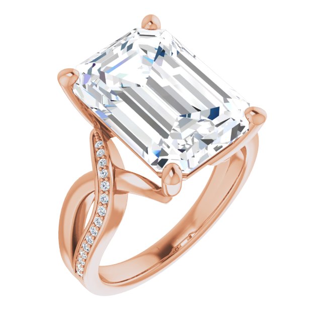 10K Rose Gold Customizable Emerald/Radiant Cut Center with Curving Split-Band featuring One Shared Prong Leg