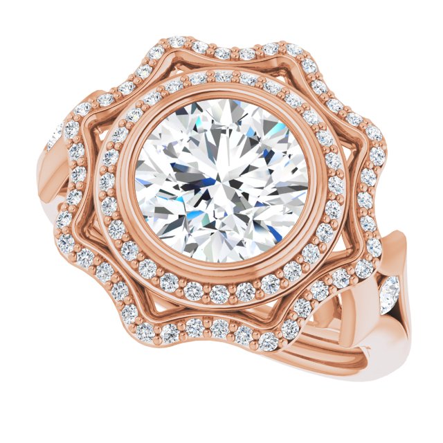 Cubic Zirconia Engagement Ring- The Cyra (Customizable Cathedral-bezel Round Cut Design with Floral Double Halo and Channel-Accented Split Band)
