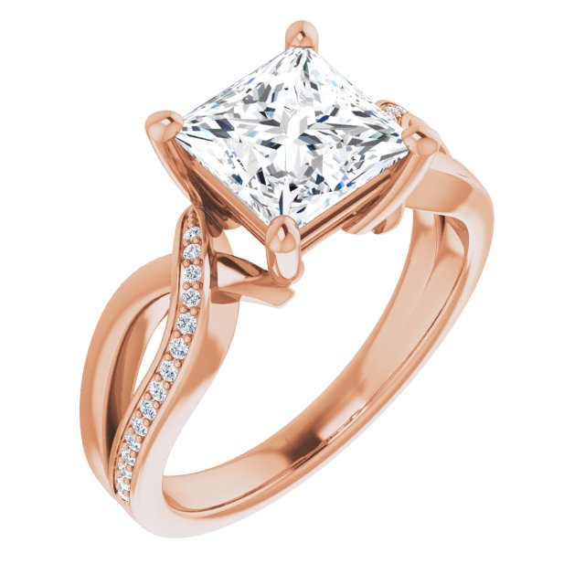 10K Rose Gold Customizable Princess/Square Cut Center with Curving Split-Band featuring One Shared Prong Leg