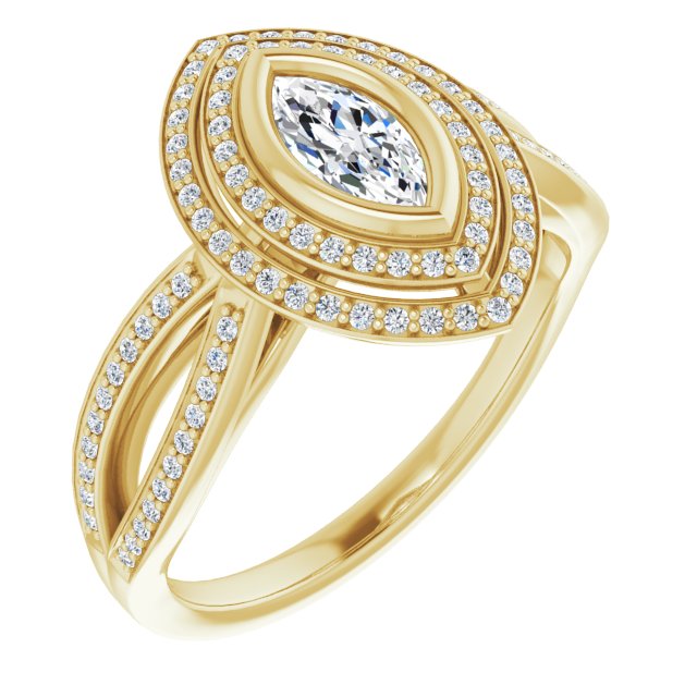 10K Yellow Gold Customizable Bezel-set Marquise Cut Style with Double Halo and Split Shared Prong Band