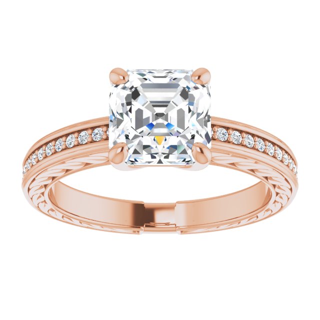 Cubic Zirconia Engagement Ring- The Angie (Customizable Asscher Cut Design with Rope-Filigree Hammered Inlay & Round Channel Accents)