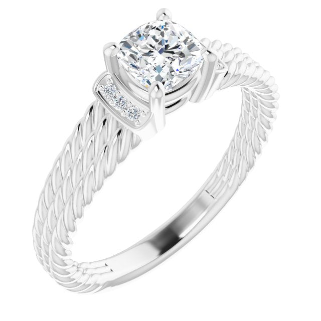10K White Gold Customizable 11-stone Design featuring Cushion Cut Center, Vertical Round-Channel Accents & Wide Triple-Rope Band