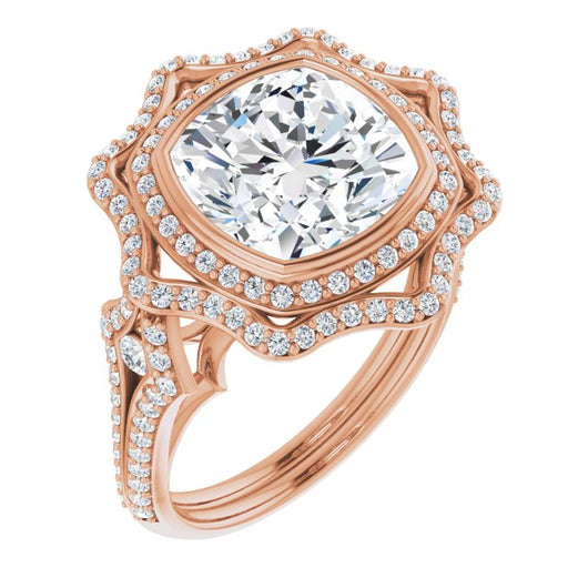 10K Rose Gold Customizable Cushion Cut Style with Ultra-wide Pavé Split-Band and Nature-Inspired Double Halo