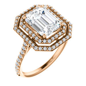 Cubic Zirconia Engagement Ring- The Alisa (Customizable Emerald Cut with Geometric Double Halo)