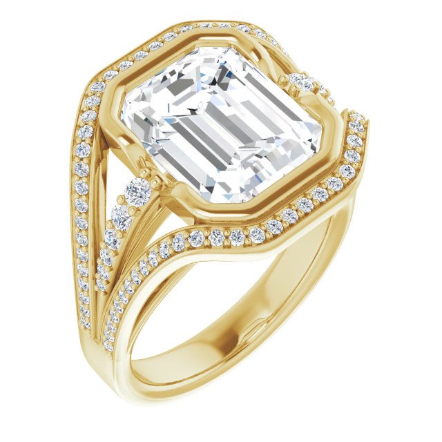10K Yellow Gold Customizable Cathedral-Bezel Emerald/Radiant Cut Design with Wide Triple-Split-Pavé Band