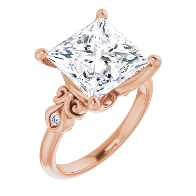 10K Rose Gold Customizable 3-stone Princess/Square Cut Design with Small Round Accents and Filigree