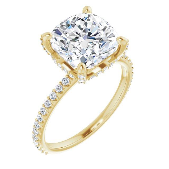 10K Yellow Gold Customizable Cushion Cut Design with Round-Accented Band, Micropav? Under-Halo and Decorative Prong Accents)