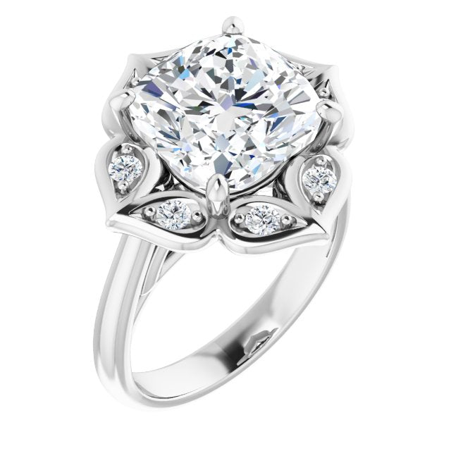 10K White Gold Customizable Cathedral-raised Cushion Cut Design with Star Halo & Round-Bezel Peekaboo Accents
