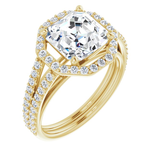 10K Yellow Gold Customizable Cathedral Asscher Cut Design with Geometric Halo & Split Pavé Band