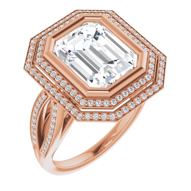 10K Rose Gold Customizable Bezel-set Emerald/Radiant Cut Style with Double Halo and Split Shared Prong Band