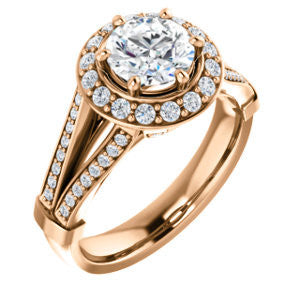 Cubic Zirconia Engagement Ring- The Shaundra (Customizable Round Cut with Halo, Cathedral Prong Accents & Split-Pavé Band)