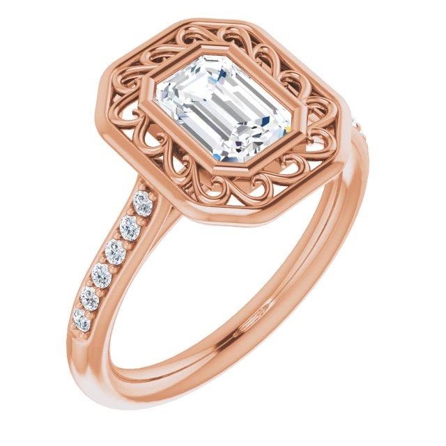 10K Rose Gold Customizable Cathedral-Bezel Emerald/Radiant Cut Design with Floral Filigree and Thin Shared Prong Band