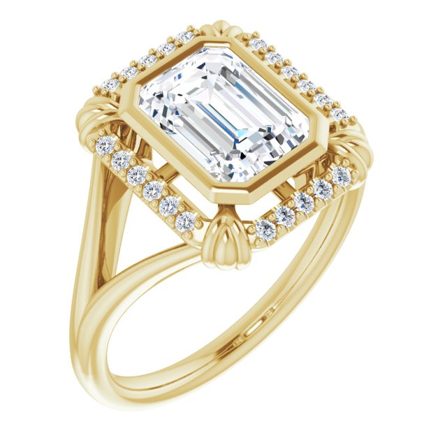 Cubic Zirconia Engagement Ring- The Leontine (Customizable Emerald Cut Design with Split Band and "Lion's Mane" Halo)