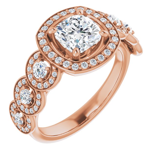 10K Rose Gold Customizable Cathedral-set Cushion Cut 7-stone style Enhanced with 7 Halos