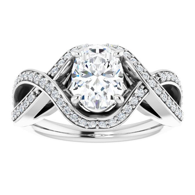 Cubic Zirconia Engagement Ring- The Gwenyth (Customizable Oval Cut Design with Twisting, Infinity-Shared Prong Split Band and Bypass Semi-Halo)