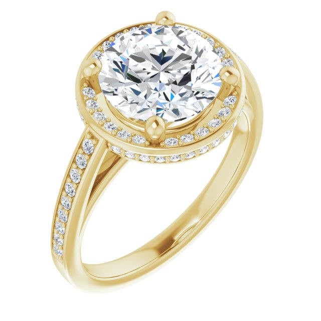 14K Yellow Gold Customizable Cathedral-Halo Round Cut Design with Under-halo & Shared Prong Band