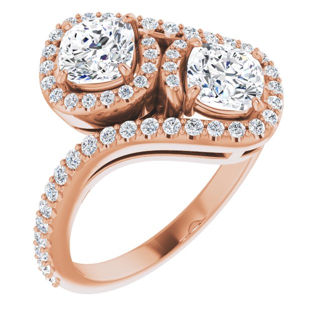 10K Rose Gold Customizable Double Cushion Cut 2-Stone Style Enhanced with Accented Artisan Bypass Band