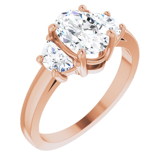 Cubic Zirconia Engagement Ring- The Bree (Customizable 3-stone Design with Oval Cut Center and Half-moon Side Stones)
