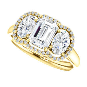 Cubic Zirconia Engagement Ring- The Carissa (Customizable Emerald Cut 3-stone Halo Style with Oval Accents)