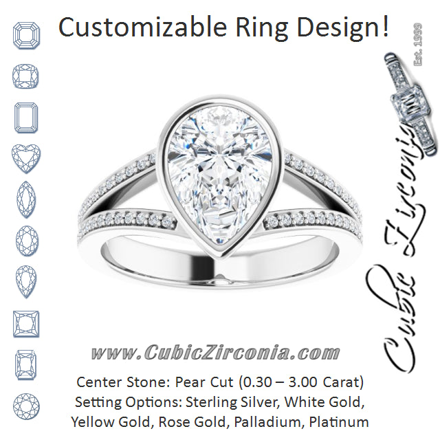 Cubic Zirconia Engagement Ring- The Jenni Lou (Customizable Bezel-set Pear Cut Design with Split Shared Prong Band)