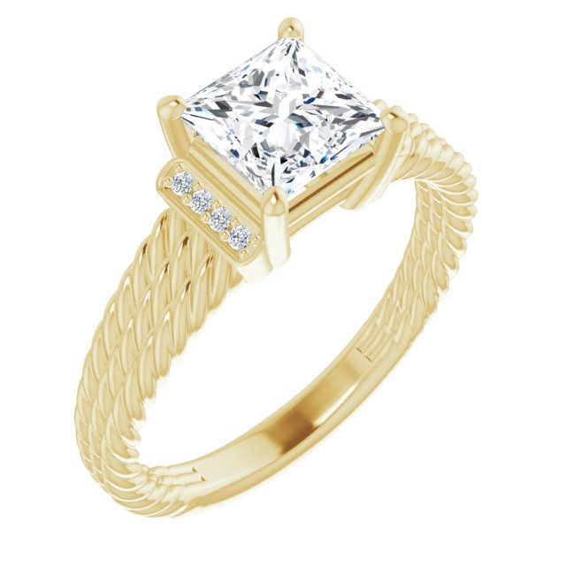 10K Yellow Gold Customizable 11-stone Design featuring Princess/Square Cut Center, Vertical Round-Channel Accents & Wide Triple-Rope Band
