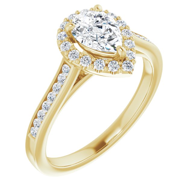 10K Yellow Gold Customizable Pear Cut Design with Halo, Round Channel Band and Floating Peekaboo Accents