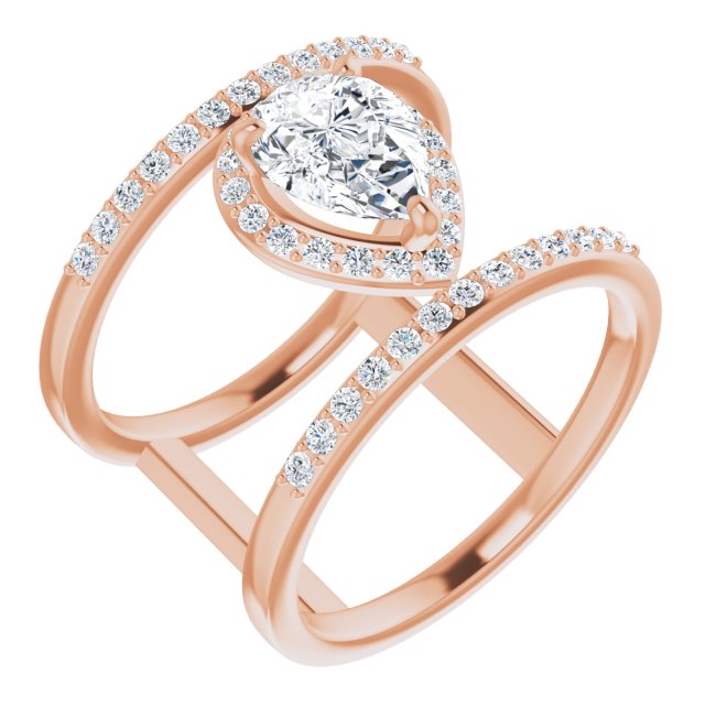 10K Rose Gold Customizable Pear Cut Halo Design with Open, Ultrawide Harness Double Pavé Band