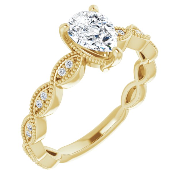 10K Yellow Gold Customizable Pear Cut Artisan Design with Scalloped, Round-Accented Band and Milgrain Detail