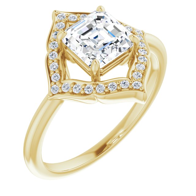 10K Yellow Gold Customizable Asscher Cut Style with Artistic Equilateral Halo and Ultra-thin Band