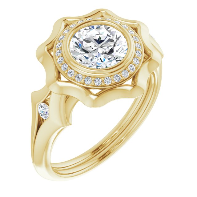 10K Yellow Gold Customizable Bezel-set Round Cut with Halo & Oversized Floral Design