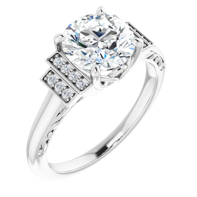 18K White Gold Customizable Engraved Design with Round Cut Center and Perpendicular Band Accents