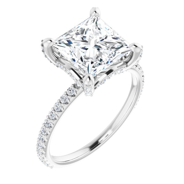 10K White Gold Customizable Princess/Square Cut Design with Round-Accented Band, Micropav? Under-Halo and Decorative Prong Accents)