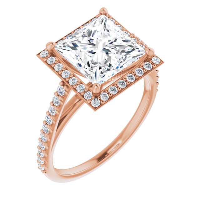 10K Rose Gold Customizable Princess/Square Cut Design with Halo and Thin Pavé Band