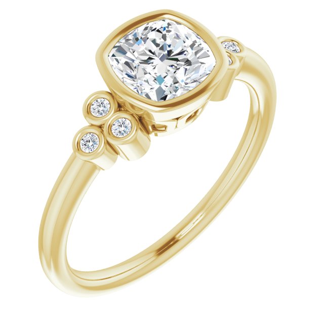 10K Yellow Gold Customizable 7-stone Cushion Cut Style with Triple Round-Bezel Accent Cluster Each Side