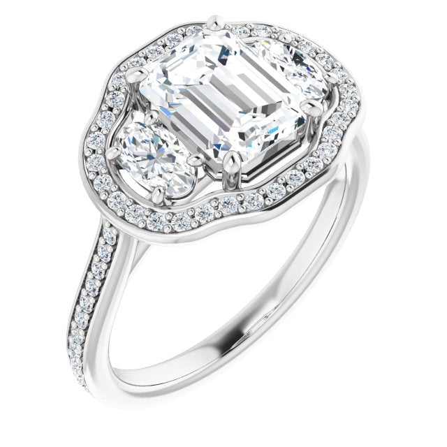 Cubic Zirconia Engagement Ring- The Dulce (Customizable Radiant Cut Style with Oval Cut Accents, 3-stone Halo & Thin Shared Prong Band)