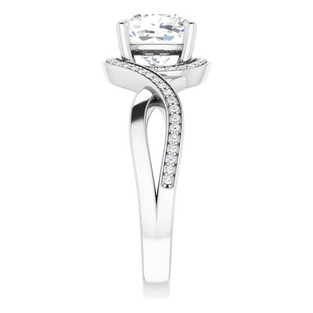 Cubic Zirconia Engagement Ring- The Ananya (Customizable Bypass-Halo-Accented Cushion Cut Center with Twisting Split Shared Prong Band)
