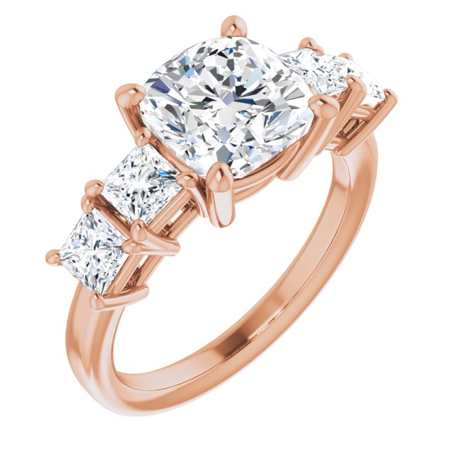 10K Rose Gold Customizable 5-stone Cushion Cut Style with Quad Princess-Cut Accents