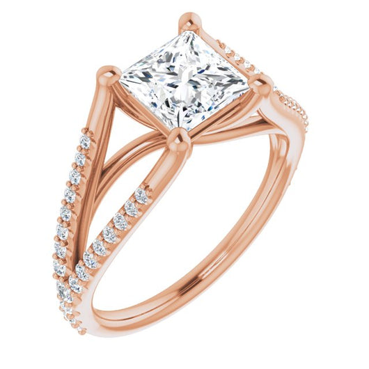 10K Rose Gold Customizable Cathedral-raised Princess/Square Cut Center with Exquisite Accented Split-band