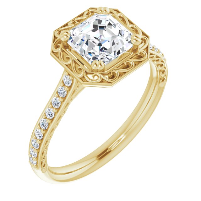 10K Yellow Gold Customizable Asscher Cut Halo Design with Filigree and Accented Band