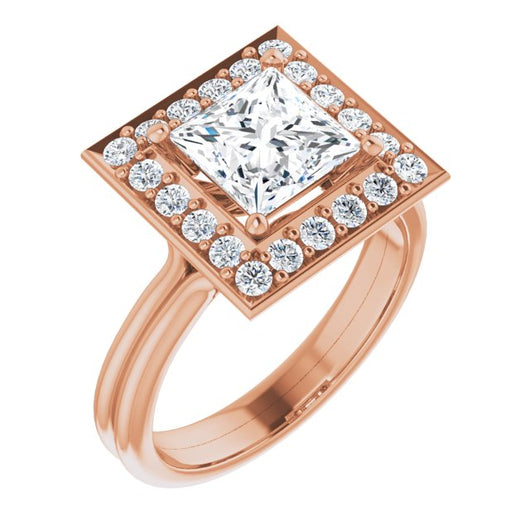 10K Rose Gold Customizable Cluster-Halo Accented Princess/Square Cut Style with Tapered Dual Band