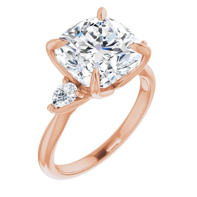 10K Rose Gold Customizable 3-stone Design with Cushion Cut Center and Dual Large Pear Side Stones