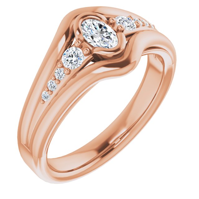 10K Rose Gold Customizable 9-stone Oval Cut Design with Bezel Center, Wide Band and Round Prong Side Stones