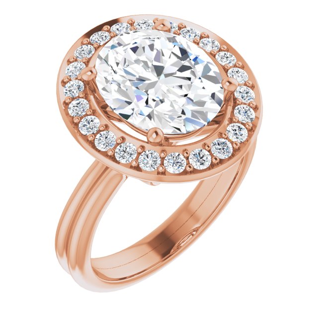 10K Rose Gold Customizable Cluster-Halo Accented Oval Cut Style with Tapered Dual Band
