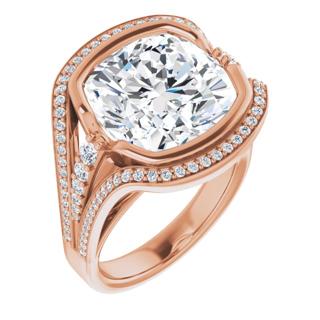 10K Rose Gold Customizable Cathedral-Bezel Cushion Cut Design with Wide Triple-Split-Pavé Band
