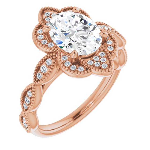 10K Rose Gold Customizable Cathedral-style Oval Cut Design with Floral Segmented Halo & Milgrain+Accents Band