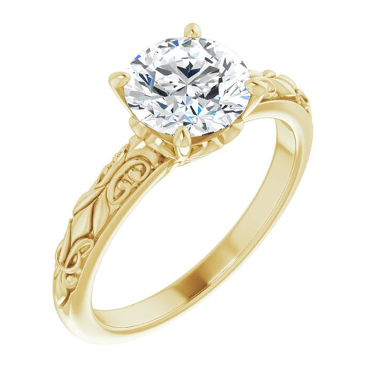 10K Yellow Gold Customizable Round Cut Solitaire featuring Delicate Metal Scrollwork